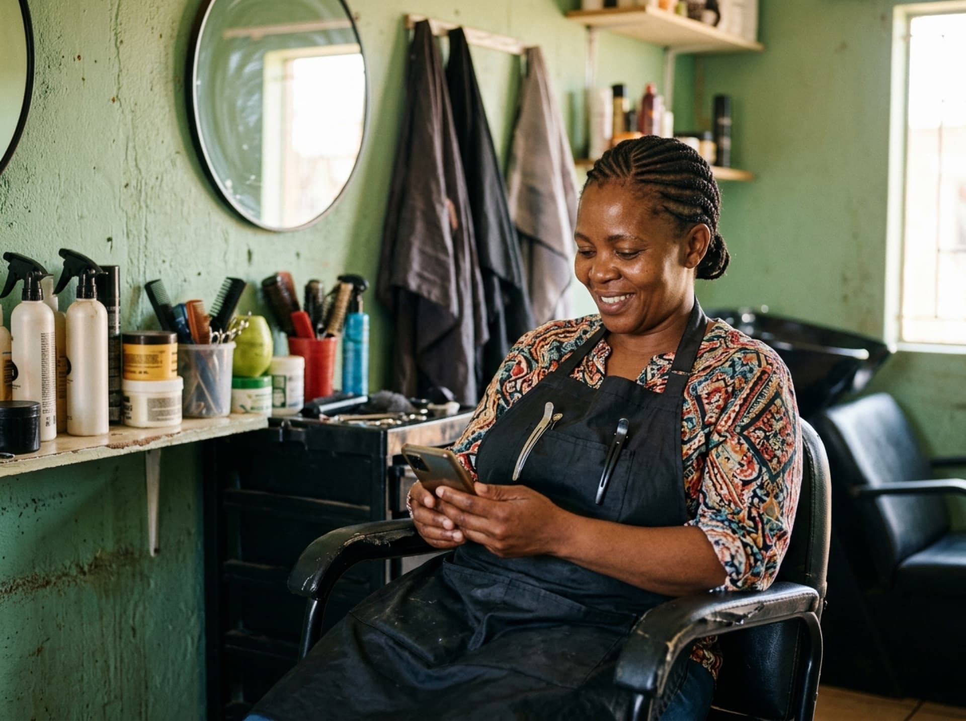 A Soweto salon owner reads messages between clients