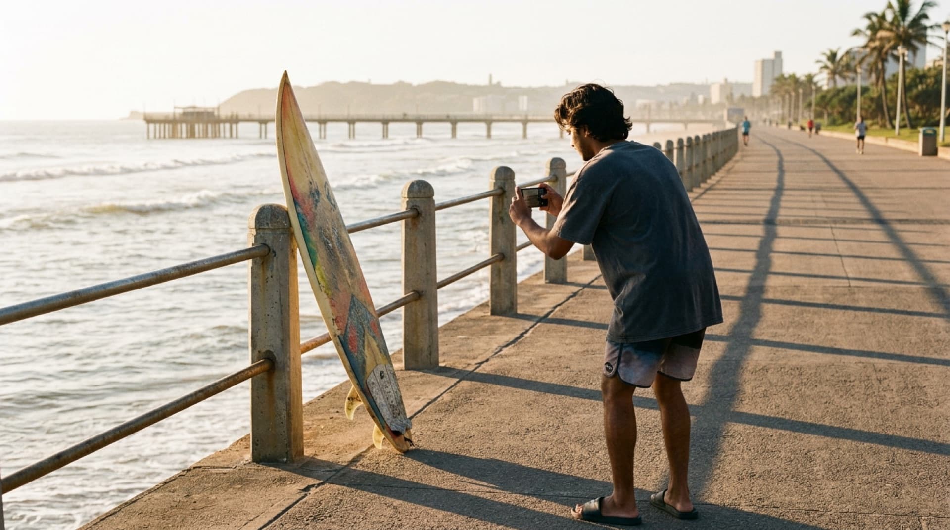 A Durban surf shop owner films a board on the beachfront