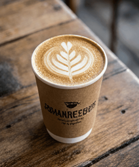 A flat white with latte art in a takeaway cup